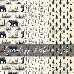 Puede incluir: Un conjunto de patrones sin costuras con ilustraciones de acuarela de osos, tiendas de campaña, árboles y fogatas. Los patrones son en tonos de gris, beige y verde oscuro. El texto "Seamless Pattern Set" se muestra en una fuente de escritura.