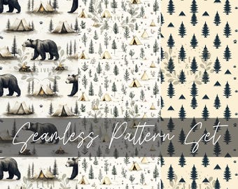 Camping Bear Seamless Pattern Set Digital Download | Woodland Tent and Forest Digital Papers | Rustic Nature Backgrounds for Crafts