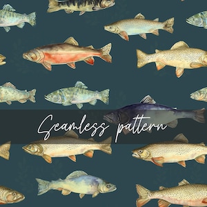 May include: Seamless pattern featuring watercolor illustrations of various fish species in shades of brown, gray, and blue against a dark teal background. The text "Seamless pattern" is written in white script across the image.