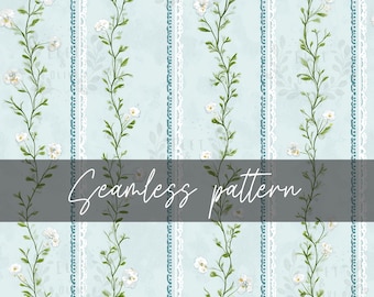 Cottage Floral Stripe in Baby Blue, Seamless File, DIGITAL DOWNLOAD, Cottagecore Stripe Pattern, Grandmillennial Seamless Pattern