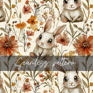 May include: A seamless pattern with cute cartoon bunnies surrounded by autumnal flowers and foliage. The colour scheme features warm tones of orange, brown, and beige, creating a cosy aesthetic. The text "Seamless pattern" is overlaid on the image.