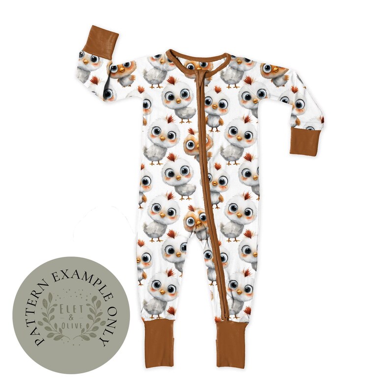 May include: White baby sleeper with a repeating pattern of cartoon chicks. The one-piece pajama has brown trim around the neck, cuffs, and feet, and a full-length zipper. The sleeper is made of soft fabric.
