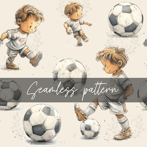 Peut inclure: Motif sans couture avec des illustrations d'enfants jouant au football. Le motif comprend des ballons de football et des enfants en tenue de football, présentés dans un style aquarelle. Le texte "Seamless pattern" est également inclus.