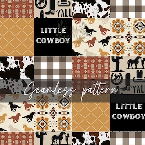 May include: A digital paper pack with 10 different seamless patterns featuring a cowboy theme. The patterns include a black and white cowhide pattern, a brown and white gingham pattern, a tan and brown geometric pattern, a tan and brown diamond pattern, a tan and brown cactus pattern, a tan and brown horse pattern, a tan and brown horseshoe pattern, a tan and brown boot pattern, a tan and brown hat pattern, and a black and white pattern with the text "Little Cowboy".