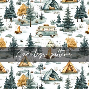 May include: A seamless pattern featuring a watercolour illustration of a camping scene. The pattern includes a blue camper van, green pine trees, orange and yellow autumn foliage, and brown and blue tents. The background is white.