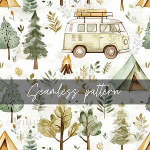 Modello senza cuciture per campeggio - Carta digitale foresta acquerello, stampa su tessuto avventura, carta da parati camper, download immediato
