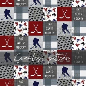 May include: A seamless pattern featuring a hockey theme. The pattern includes hockey sticks, pucks, and a hockey player. The colors in the pattern are red, white, blue, and gray. The text "Eat Sleep Hockey" is repeated throughout the pattern.