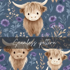 Könnte beinhalten: Nahtloses Muster mit Cartoon-Hochlandrindern mit langem, zotteligem braunem Fell, vor einem dunkelblauen Hintergrund mit lila floralen Akzenten. Der Text "Seamless pattern" ist im Bild zu sehen. Geeignet für Textilien.