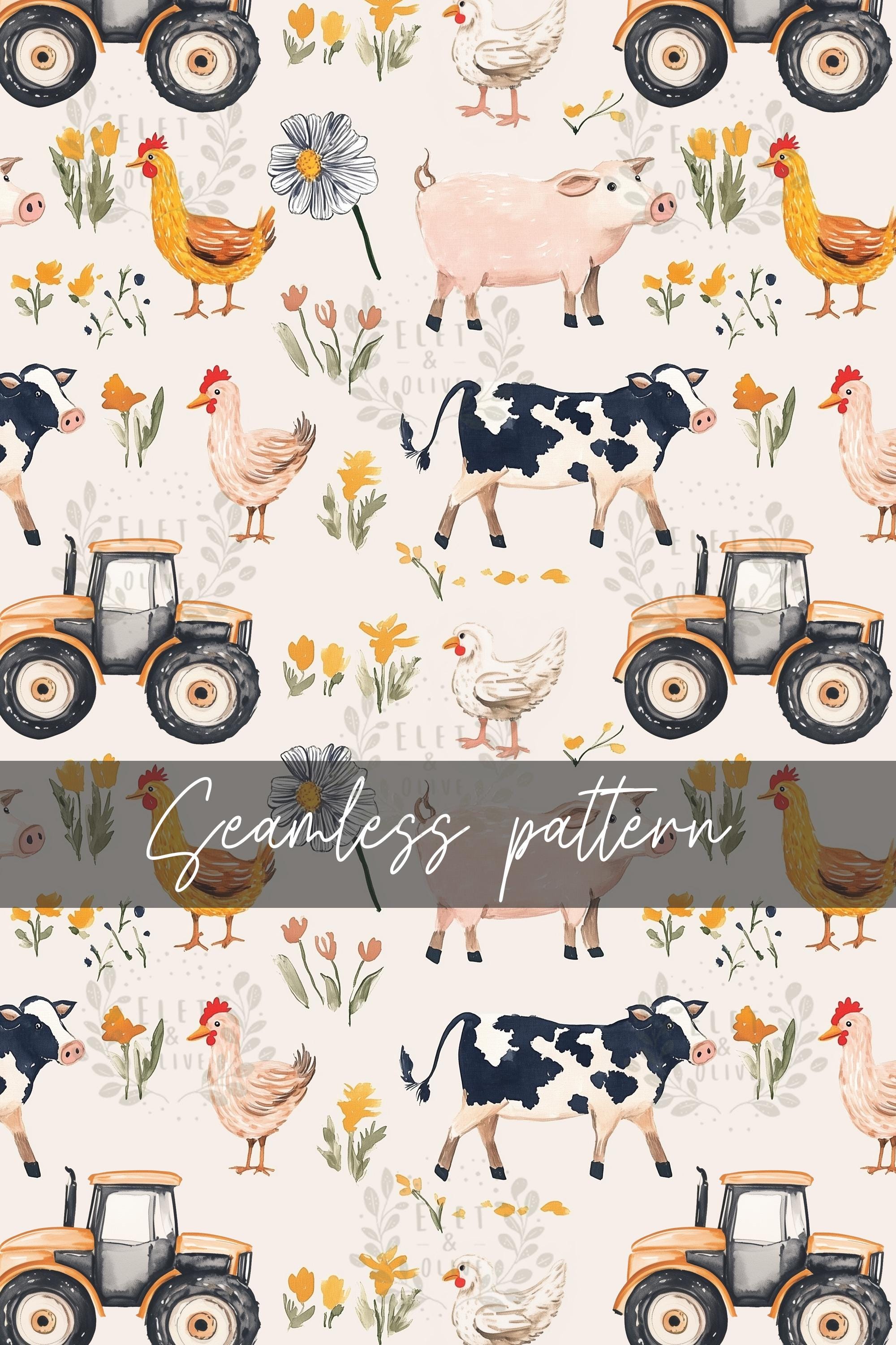 Farm Scene Seamless Pattern File - Cow, Pig, Chickens and Tractor ...