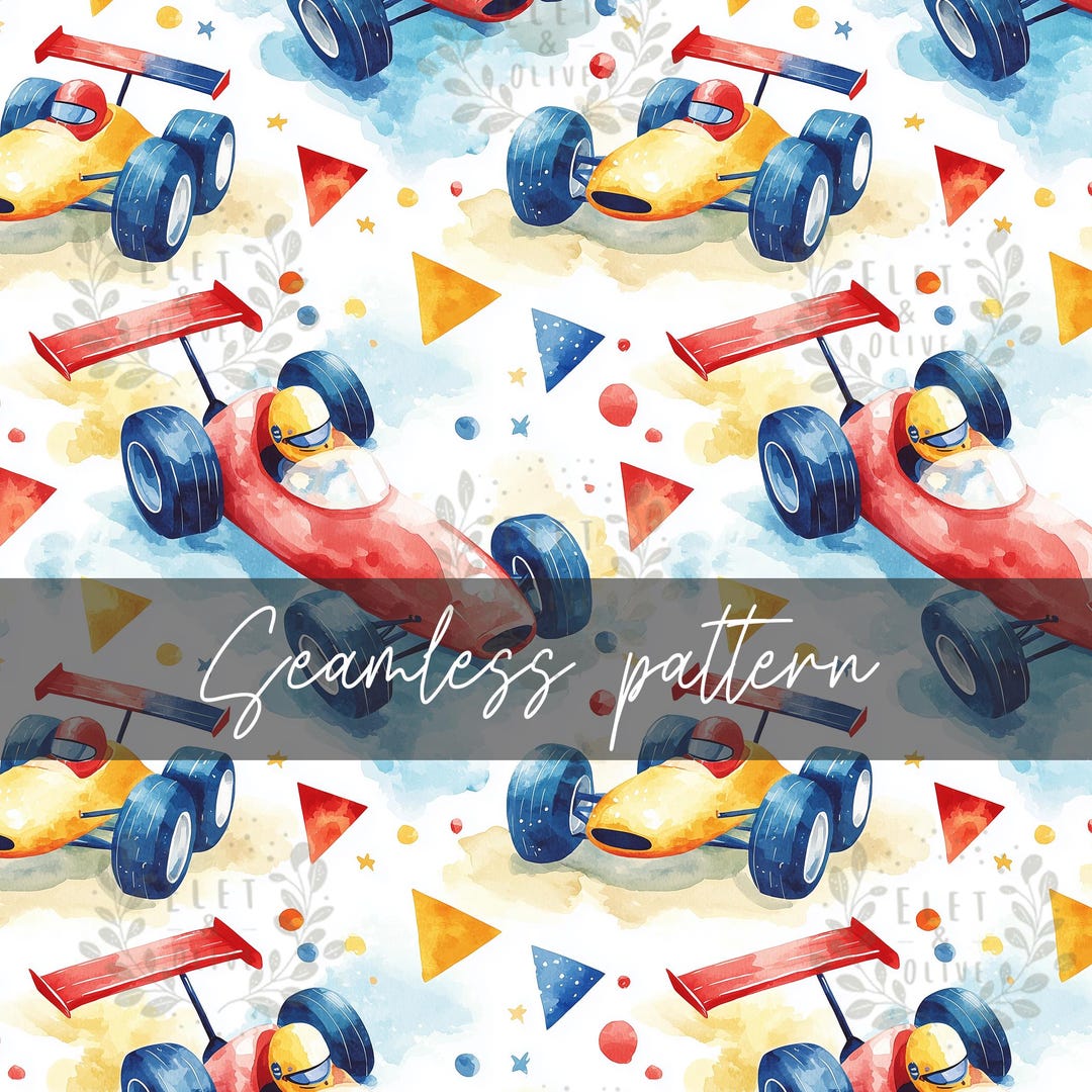 Racing Paper Pattern Race Car Seamless Pattern - Racecar Watercolor Formula Car Digital ...