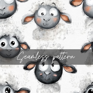 Op de afbeelding: Naadloos patroon met cartoon schapen met grijze gezichten, witte wol en roze oren. De schapen hebben grote, expressieve ogen en lachen. De tekst "Seamless pattern" staat over de afbeelding geschreven.