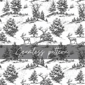 Modello senza cuciture di cervi del bosco - Tela da caccia in bianco e nero, carta digitale rustica della foresta, design del tessuto della fauna selvatica, download immediato