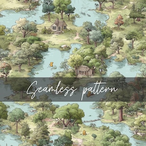 Puede incluir: Un patrón sin costuras que presenta un paisaje caprichoso con un río, árboles y pequeñas casas. El diseño incluye un río azul claro y exuberantes árboles verdes. El texto "Seamless pattern" está escrito en cursiva.