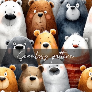 May include: A repeating pattern of cartoon bears in various colors, including brown, white, gray, and tan. The bears have friendly expressions and are arranged closely together. The text "Seamless pattern" is written across the bottom of the image.