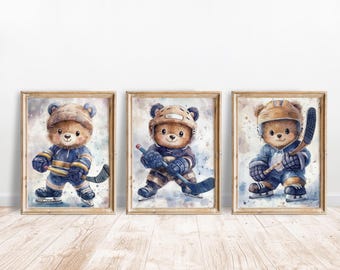 Hockey Bear Art Prints - Cute Watercolor Hockey Nursery Decor, Sports Animal Wall Art, Instant Download Digital Prints for Kids Room