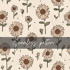 May include: A seamless pattern featuring hand-drawn sunflowers in a neutral color palette. The design includes various sizes of sunflowers with brown centers, cream petals, and green stems and leaves. The text "Seamless pattern" is displayed.