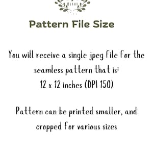 May include: White background with text describing a seamless pattern file. The file is a single JPEG, 12 x 12 inches at DPI 150. The pattern can be printed smaller and cropped for various sizes. The Elet & Olive logo is at the top.