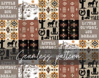 Cowboy Patchwork Seamless Pattern, DIGITAL DOWNLOAD, Western Seamless Pattern Themed Decor, Printable FILE Only