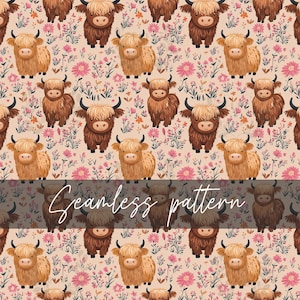 Highland Cow Seamless Pattern Digital Download | Floral Cow Digital Paper | Cute Farm Animal Background for Printing