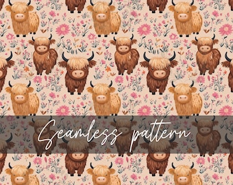 Highland Cow Seamless Pattern Digital Download | Floral Cow Digital Paper | Cute Farm Animal Background for Printing