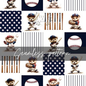 Op de afbeelding: Een naadloos patroon met een cartoonbeer die een honkbaluniform draagt en een knuppel vasthoudt. Het patroon bevat ook honkballen, knuppels en stippen- en streeppatronen in marineblauw en wit.