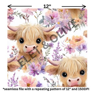 May include: A repeating pattern design featuring two adorable Highland cows with light brown fur, surrounded by pastel-colored flowers. The design is 12 inches wide. The text reads "ELET & OLIVE" and "*seamless file with a repeating pattern of 12" and 150DPI."