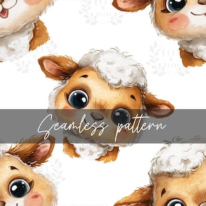 Sheep Seamless Pattern - Watercolor Farm Animal Digital Paper, Cute Lamb Baby Fabric Print, Nursery Wallpaper, Instant Download