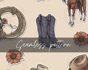 Country Cowgirl Seamless Pattern Digital Download, Rodeo Horse Boots Hat Rope Floral Print for Fabric, Wallpaper & Crafts