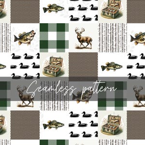 May include: A seamless pattern featuring illustrations of fish, ducks, deer, and a tackle box. The design incorporates elements like a green and white checkered pattern, birch tree silhouettes, and a dotted background. The words "Seamless pattern" are written in cursive.