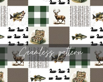 Hunting and Fishing Patchwork Seamless Pattern, DIGITAL DOWNLOAD, Woodland Seamless Pattern Themed Decor, Printable FILE Only