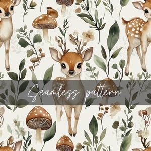 Deer Woodland Seamless Pattern – Rustic Forest Animal Digital Paper, Boho Fawn and Mushroom Fabric Print, Instant Download