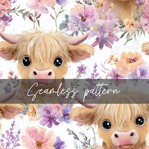 Cow Seamless Pattern, Highland Cow Seamless File, Western Floral Highland Cow Digital Download, Kids Fabric Print, Baby Nursery Pattern image 1