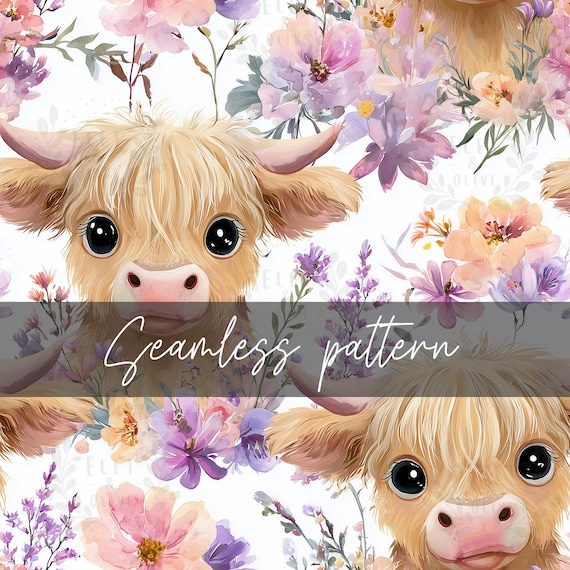 Cow Seamless Pattern, Highland Cow Seamless File, Western Floral Highland Cow Digital Download, Kids Fabric Print, Baby Nursery Pattern