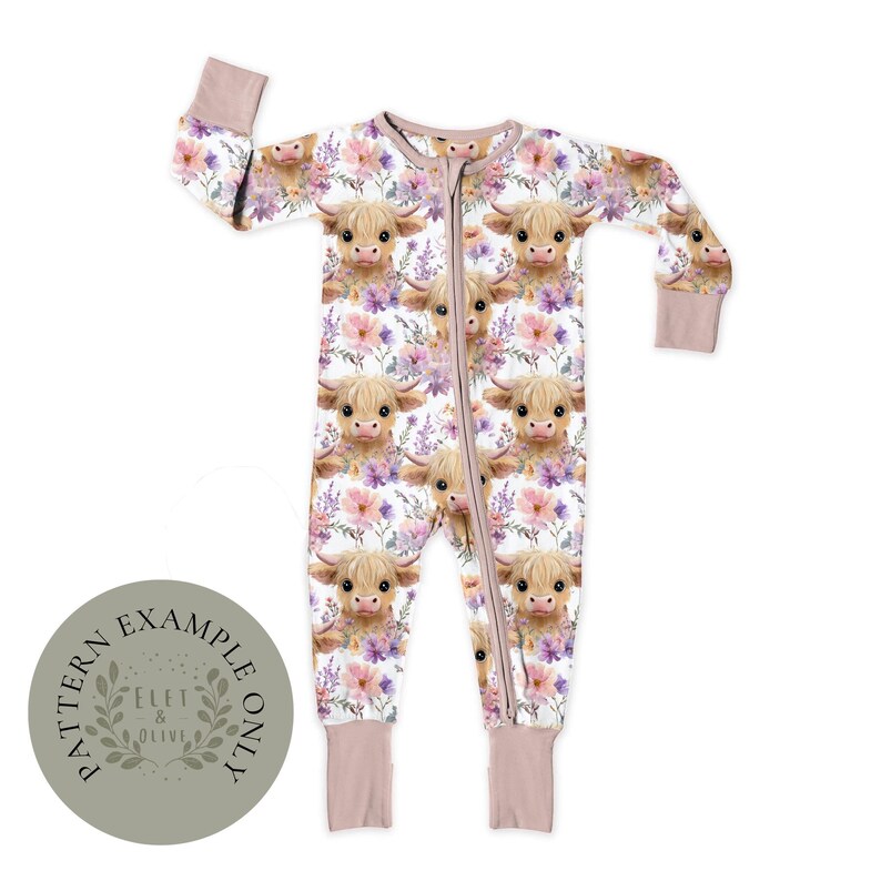 May include: A white baby sleeper with a repeating pattern of Highland cows and floral accents in pink, purple, and green. The sleeper has a full-length zipper and mauve cuffs. The text "PATTERN EXAMPLE ONLY" is on a circular graphic.