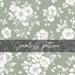 May include: A seamless floral pattern featuring white flowers and leaves on a muted green background. The design includes the text "Seamless pattern" in a cursive font, adding a decorative element to the overall composition.