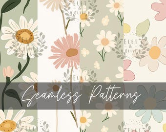Padrões de flores sem costura, papel floral, downloads digitais de flores, padrões florais sem costura pastel Daisy, pacote com quatro