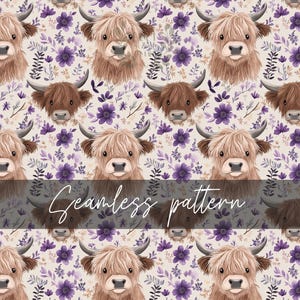 Highland Cow Seamless Pattern, DIGITAL DOWNLOAD, Purple Floral and Western Cow Seamless Pattern Farm Decor, Printable FILE Only