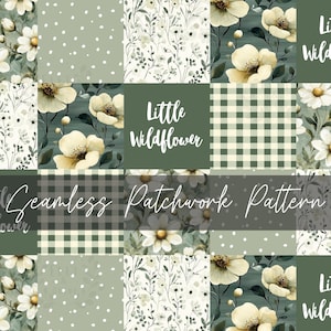 Peut inclure: Un motif patchwork sans couture présentant une variété de motifs floraux, notamment des fleurs blanches avec des centres jaunes, des feuilles vertes et un motif vichy vert et blanc. Le texte "Little Wildflower" apparaît au centre du motif.
