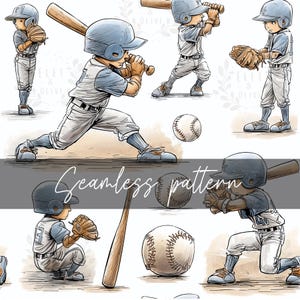 May include: Seamless pattern featuring illustrations of young baseball players in action. The artwork showcases players in various poses, including batting, fielding, and pitching, with baseballs and bats. The color palette includes shades of blue, brown, and white.