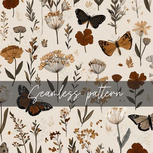 May include: A seamless pattern with butterflies, flowers, and leaves in brown, beige, and black. The design includes various floral elements and butterflies, creating a natural and botanical theme. The text "Seamless pattern" is displayed across the image.