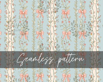 Floral with Bows Seamless Repeating Pattern, Garland Blue Cream and Pink Bow Pattern File, Digital DOWNLOAD File, Digital Paper