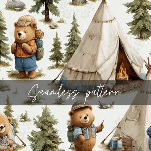 May include: Watercolor seamless pattern featuring a repeating design of a camping bear with a backpack, tent, campfire, and pine trees. The text "Seamless pattern" is written in cursive across the image. The color palette includes shades of brown, green, and beige.