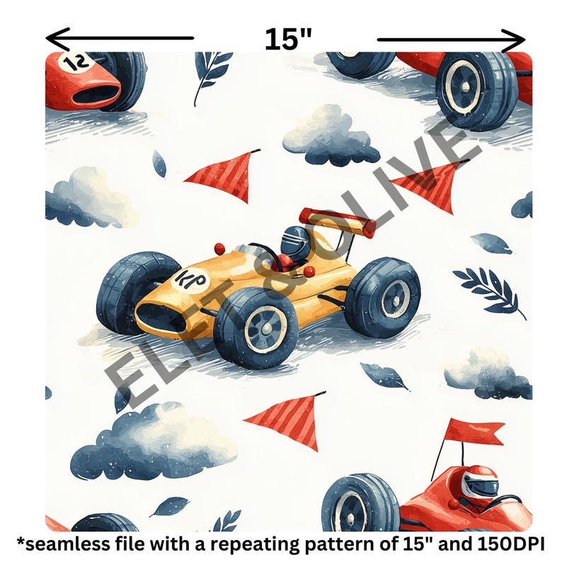 Racecar Seamless Pattern - Race Car Watercolor Racing Digital Paper ...