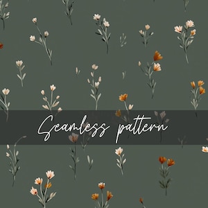 May include: Seamless pattern featuring delicate watercolor flowers in shades of white and orange, scattered across a muted green background. The floral design includes slender stems and leaves. The text "Seamless pattern" is displayed in a cursive font.