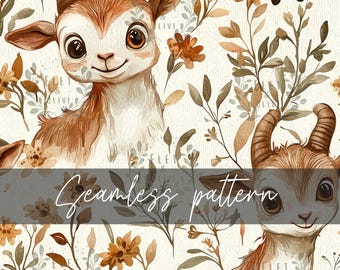 Goats Seamless Pattern, DIGITAL DOWNLOAD, Floral Goat Seamless Pattern Farm Decor, Printable FILE Only