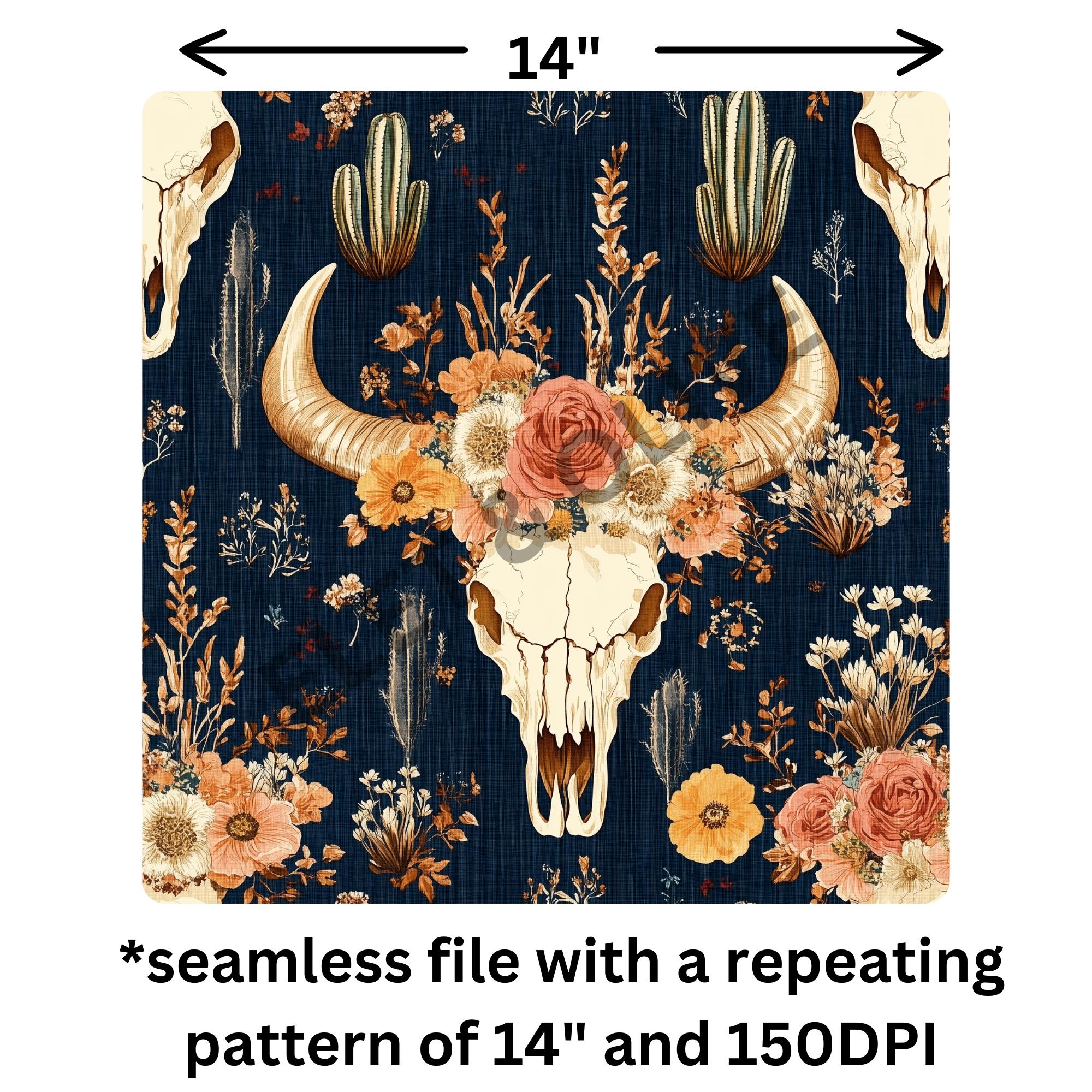 Boho Bull Skull Seamless Pattern, Digital Paper, Printable Western ...