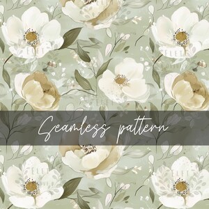 May include: Seamless pattern featuring white and beige flowers with green leaves on a light green background. The text "Seamless pattern" is written in black across the middle of the image.