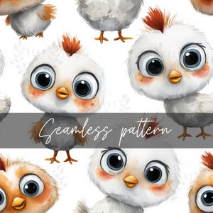 May include: Seamless pattern featuring watercolor illustrations of adorable baby chicks. The chicks have large blue eyes, orange beaks, and tufts of orange feathers. The text "Seamless pattern" is displayed on a gray banner.