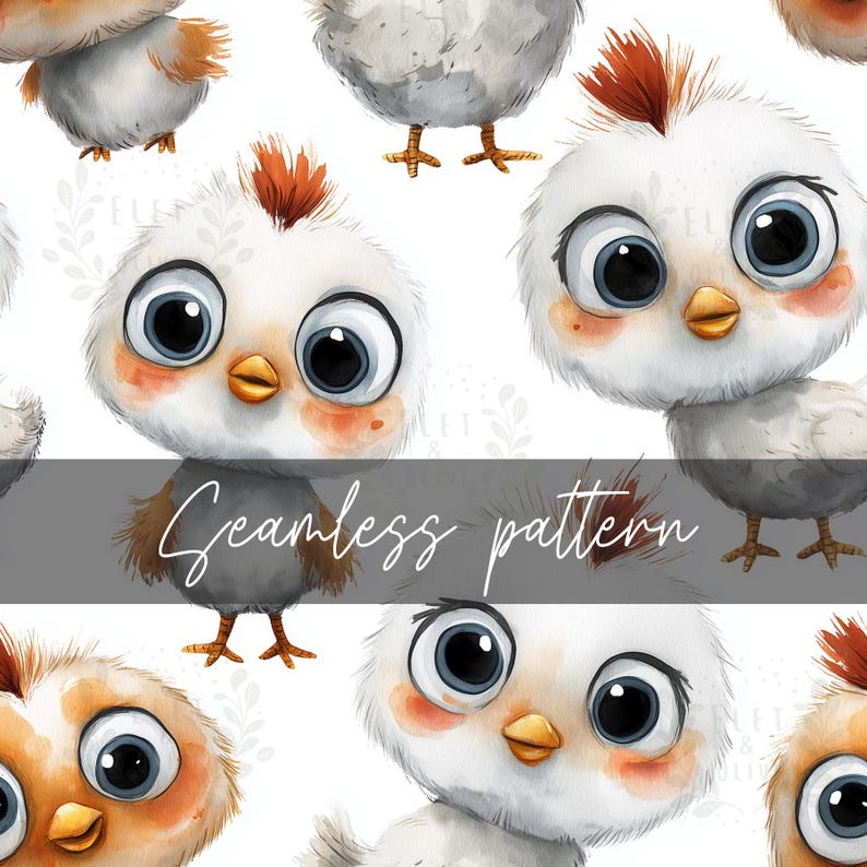 May include: Seamless pattern featuring watercolor illustrations of adorable baby chicks. The chicks have large blue eyes, orange beaks, and tufts of orange feathers. The text "Seamless pattern" is displayed on a gray banner.