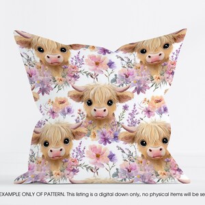 May include: A decorative pillow featuring a repeating pattern of watercolor-style Highland cows and floral elements in shades of pink, purple, and peach on a white background. The pillow has a square shape.